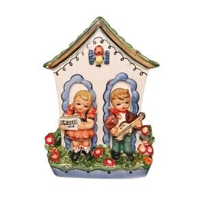 Vtg 1950's Lipper & Mann Wall Pocket Planter Hummel Style Boy & Girl In Garden